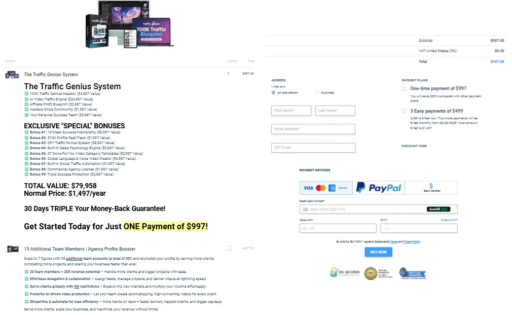 Traffic Genius Checkout page 